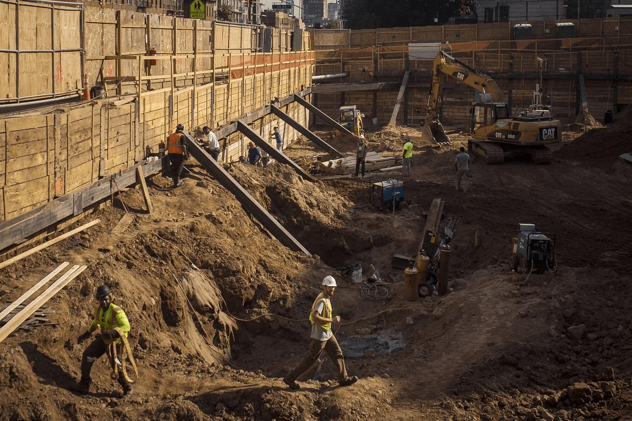 Deep excavation with timber shoring, crews, and heavy equipment on a construction site.